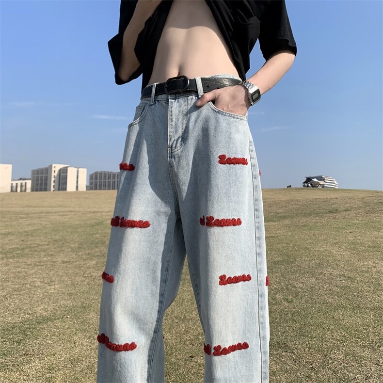 美式hiphop裤子潮牌vibe风宽松直筒阔腿裤男女刺绣牛仔裤图片