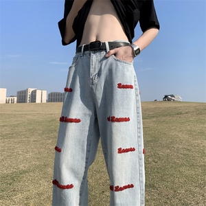 美式hiphop裤子潮牌vibe风宽松直筒阔腿裤男女刺绣牛仔裤图片