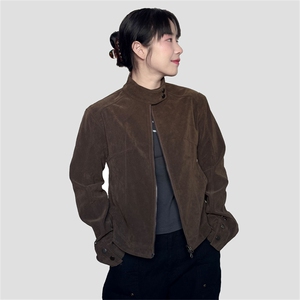 美式复古百搭新款棕色麂皮立领夹克双拉链春季短外套女网图JK3005图片