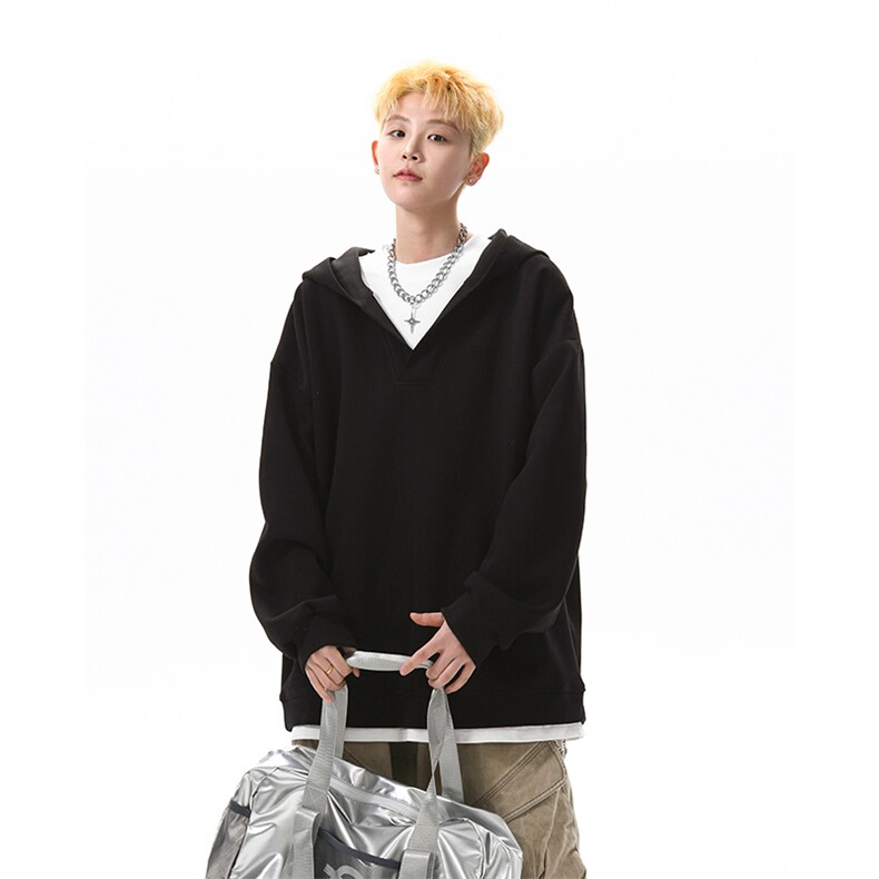 8XL-M叠穿假两件卫衣重磅连帽V领拼接套头衫宽松大码外套WY006P65,男装卫衣,电商B312