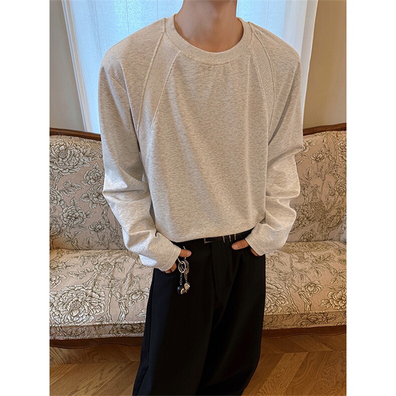 花灰色长袖t恤男款夏季薄款美式复古拼接boxy重磅宽松内搭打底衫，男装T恤，电商A102