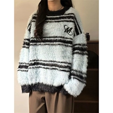 【有货】DM121-特P58美式仿水貂绒毛衣男秋冬季条纹圆领针织衫，男装针织衫/毛衣，星座603-2