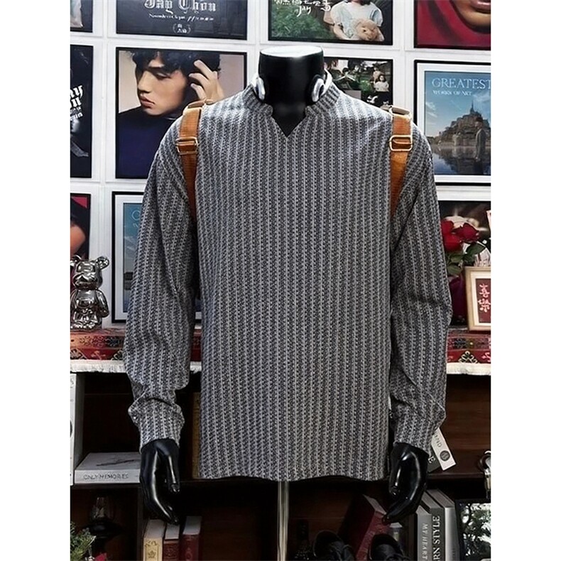 美式高街千鸟格子长袖T恤男女亨利V领英伦雅痞休闲宽松长袖打底衫，男装T恤，电商A443