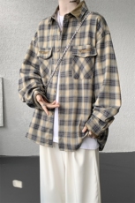 美式复古拼接撞色设计感秋季格子长袖衬衣男宽松衬衣CS538P65，男装衬衫，电商D206-1
