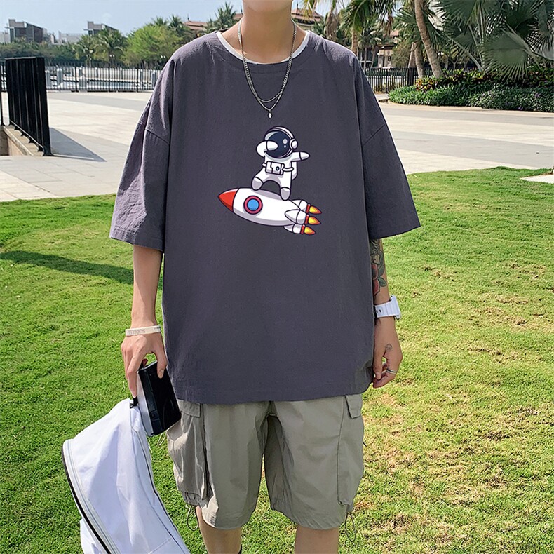 YT26158-P30亚麻短袖t恤男大码五分袖男宽松七分袖港风模特,男装T恤,电商A040