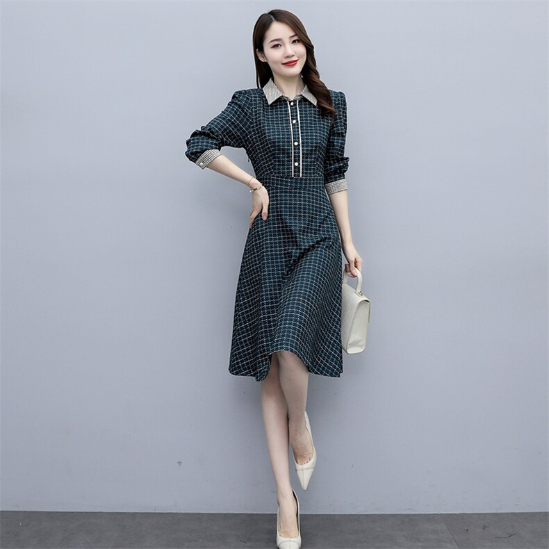 新款时尚大方衬衫领拼接数码印格子连衣裙，女装连衣裙，岚衣(原川流布茜）