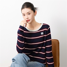 法式条纹圆领针织衫女2025新款长袖保暖打底毛衣洋气百搭毛衫上衣，女装针织衫/毛衣，菲奥羊绒