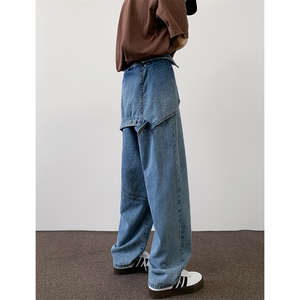 8XL-M 特大码假两件牛仔裤男美式高街直通设计感背带裤子K975P68图片