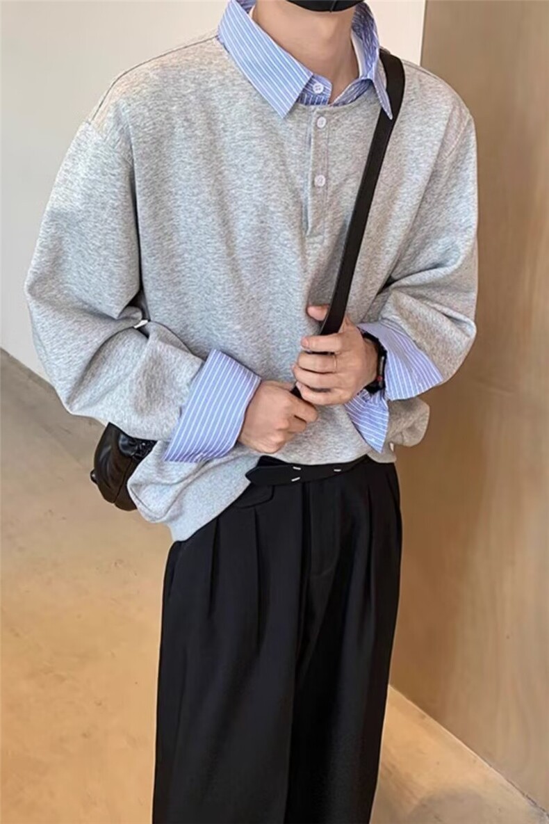 现货春秋季假两件衬衫领长袖T恤男款潮牌polo领痞帅宽松卫衣杉搭,男装T恤,星座302B