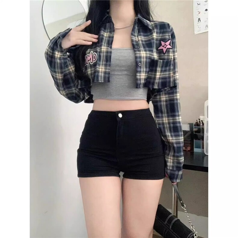 GeGeSleepy甜辣复古格子衬衫女刺绣字母藏蓝色早秋短款衬衣外套,男装衬衫,星座506A