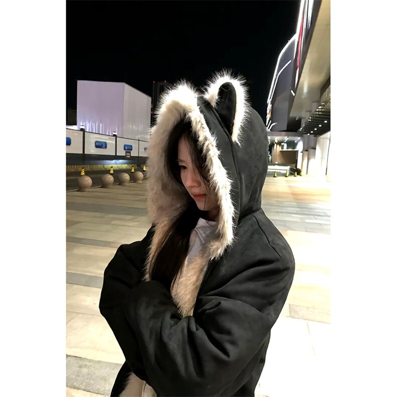 现货重磅硬挺boxy羽绒棉衣座山雕猫耳大毛毛领麂皮棉服冬外套,男装棉衣,电商A443