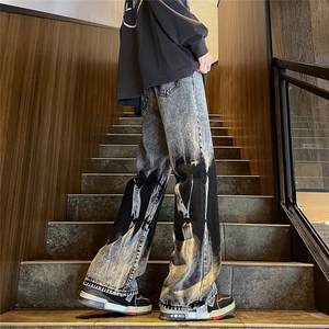 美式设计感扎染牛仔裤男款直筒潮牌痞帅炸街裤子高腰显瘦微喇长裤图片