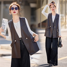 【春季女装新款】2026大量现货春季时尚百搭中长款皮衣马甲外套，女装皮衣，缘衣格