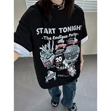 主推美式手绘印花复古情侣短袖T恤宽松中性上衣男女H938P30，男装T恤，电商A341