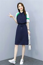 2021夏季新款简约时尚气质圆领撞色休闲舒适系带收腰连衣裙，女装连衣裙，天丝秀