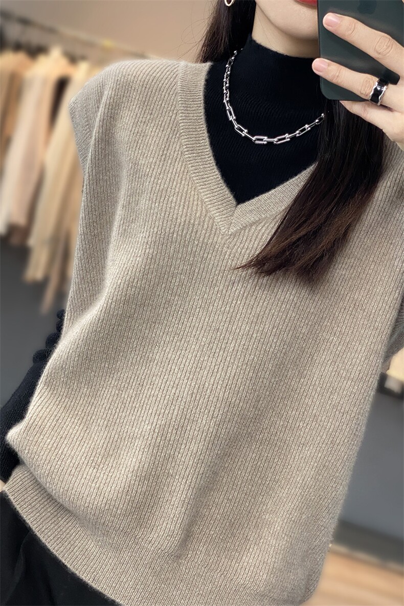 秋冬款100%纯羊毛针织马甲女宽松V领毛衣背心百搭羊绒衫无袖坎肩,女装马甲,恩泰羊绒