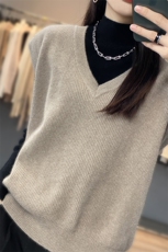 秋冬款100%纯羊毛针织马甲女宽松V领毛衣背心百搭羊绒衫无袖坎肩，女装马甲，恩泰羊绒