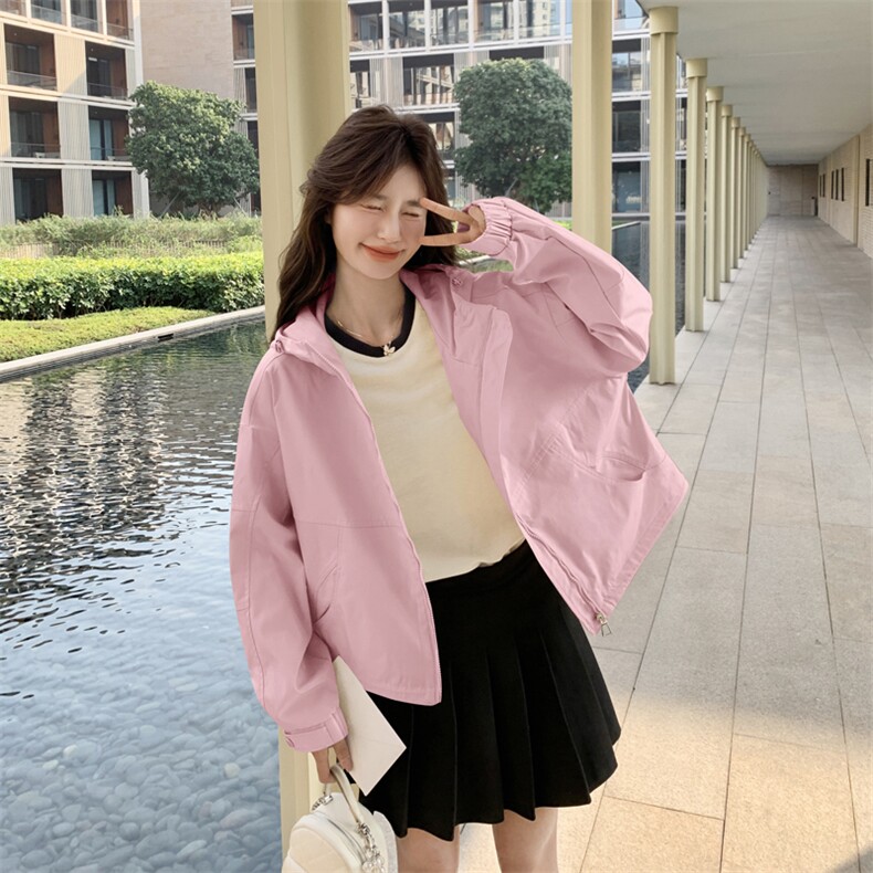 韩版宽松休闲连帽短款外套女2025春秋季新款设计感显瘦冲锋衣夹克,女装短外套,2C266