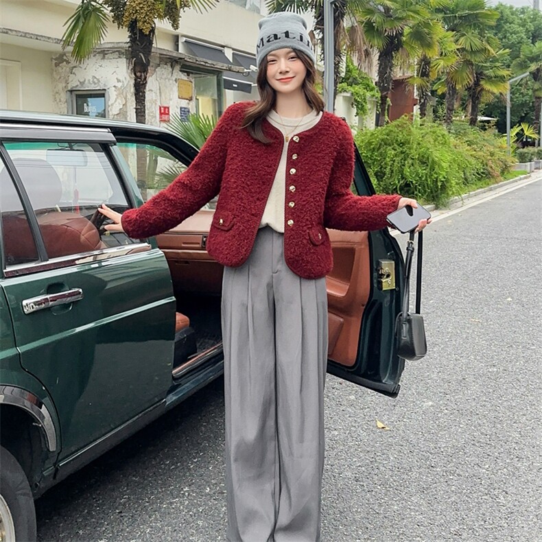 安可拉红小香风外套女羊羔毛短款毛绒上衣2025新款皮毛一体仿皮草,女装短外套,2C229