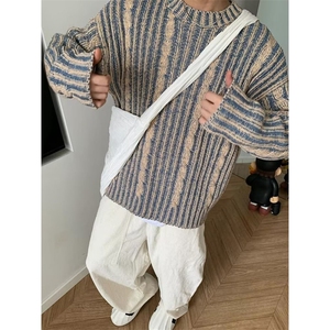 1506/QBX0380/P50日系复古条纹撞色毛衣男小众慵懒风休闲针织衫图片