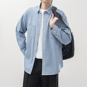 牛仔衬衫男日系宽松工装口袋薄衬衣外套原宿潮流流行图片