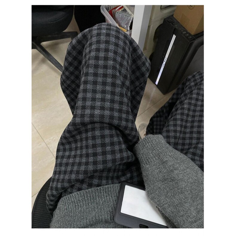 AK1747-P38新款高腰毛呢格子宽松休闲直筒裤图片