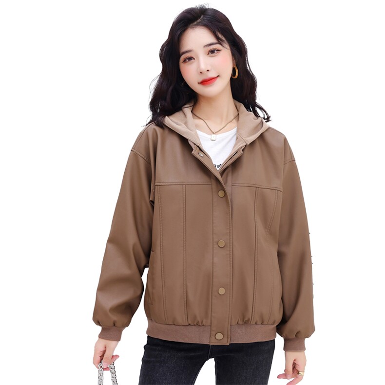可拆卸连帽皮衣外套女2025春新款小个子洋气休闲机车夹克妈妈上衣,女装皮衣,文熹诺