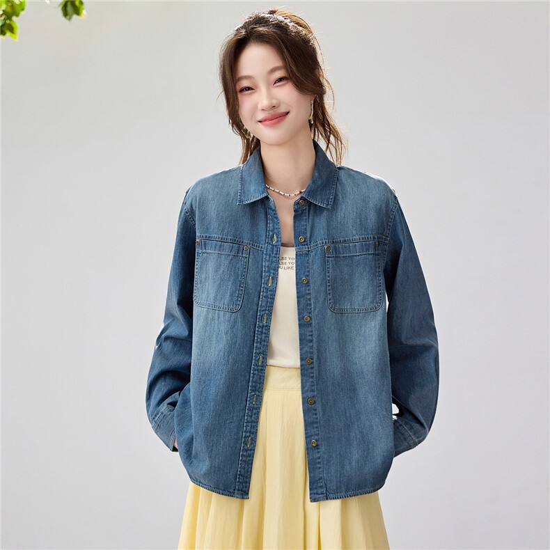 2026春夏新款复古水洗牛仔衬衫女宽松显瘦叠穿长袖衬衣外套休闲,女装衬衫,艾米