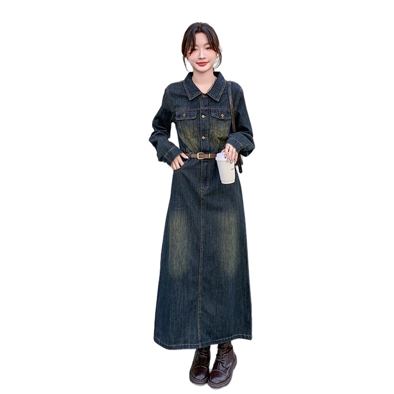 （现货）2026春装新款时尚休闲复古色中长款牛仔连衣裙（配腰带）,女装连衣裙,印象茜