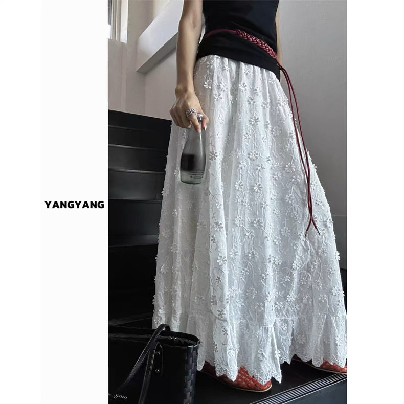 重工立体花朵白色半身裙女春夏韩系裙子高腰显瘦大摆a字长裙子,女装半身裙,织己羊绒