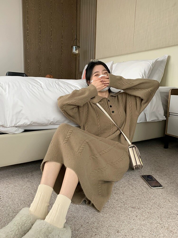 长袖针织连衣裙翻领女宽松百搭纯色羊毛休闲秋冬,女装连衣裙,思途羊绒