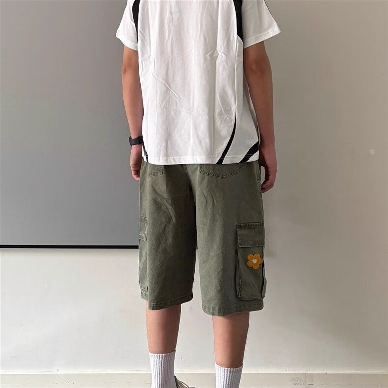 水洗工装短裤男夏季美式复古小众花朵刺绣宽松休闲设计感七分裤子,男装牛仔裤,星座506A