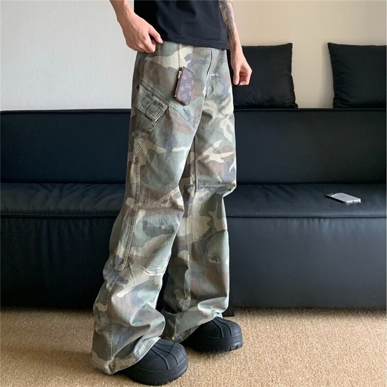 美式复古街头迷彩工装裤男百搭休闲直筒裤高街微喇叭裤MM7049P53,男装牛仔裤,星座1013-1
