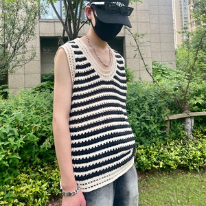 背心夏季新款情侣高颜值慵懒风黑白色条纹针织男女JA501-P35图片