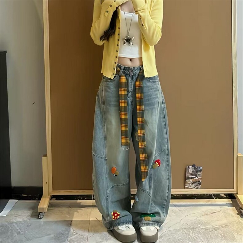 美式高街复古立体刺绣配腰带阔腿牛仔裤男女显瘦直筒弯刀拖地裤潮,男装牛仔裤,电商A486