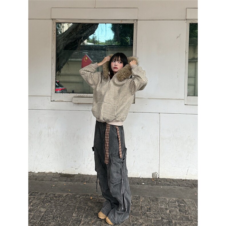 美式条纹连帽毛领卫衣外套男女秋冬宽松慵懒风拉链开衫WM6035-P78,女装短外套,星座208-5