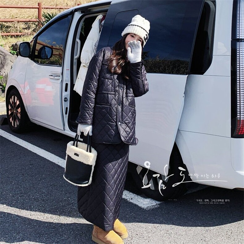 黑色加厚一整套穿搭白鸭绒羽绒服菱格显瘦半身裙两件套女冬新款,女装羽绒服,2C137