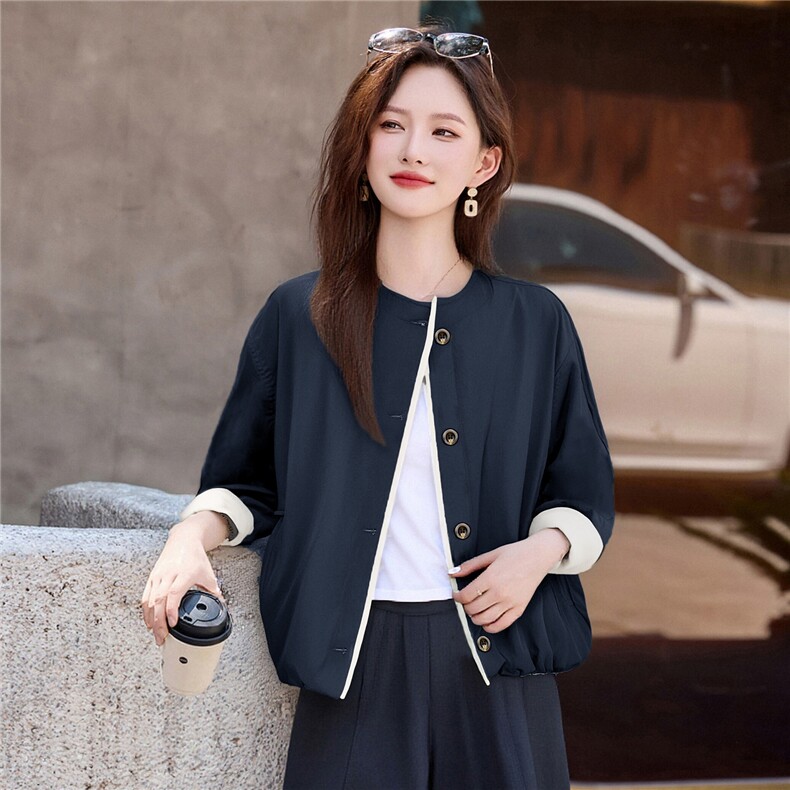 简约百搭超好看圆领短款外套女2025秋季新款宽松显瘦休闲夹克上衣,女装短外套,鑫鑫美