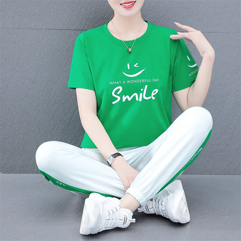 燕颉短袖时尚套装女式夏季2023年纯棉休闲晨跑运动服宽松两件套,女装运动套装,燕颉服饰