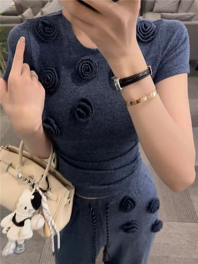 盐系高级感时尚气质套装女春新款圆领立体花朵上衣阔腿长裤两件套,女装套装/套裙,江南