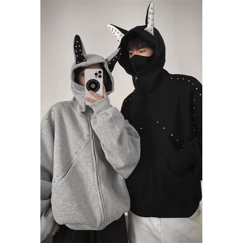 美式复古杜宾犬连帽卫衣男女秋季重磅硬挺boxy短款铆钉情侣外套，女装短外套，星座813-3