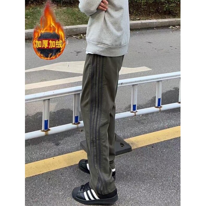 军绿色三条杠条纹裤子男秋冬加绒速干直筒工装裤美式运动休闲长裤，男装工装外套，四季星座505