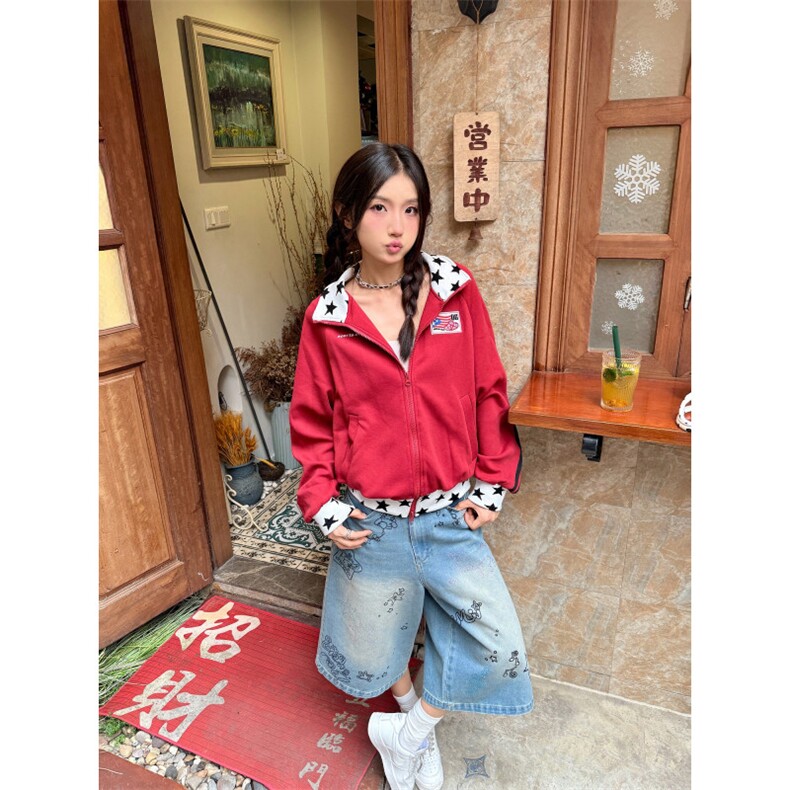 TOOHIGH美式复古撞色星星卫衣外套秋季女设计感宽松立领休闲上衣,女装短外套,星座506A