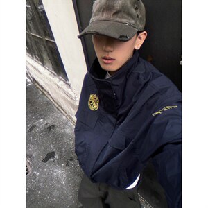 美式复古徽章刺绣boxy宽松工装夹克男女廓形立领冲锋衣短宽款外套图片