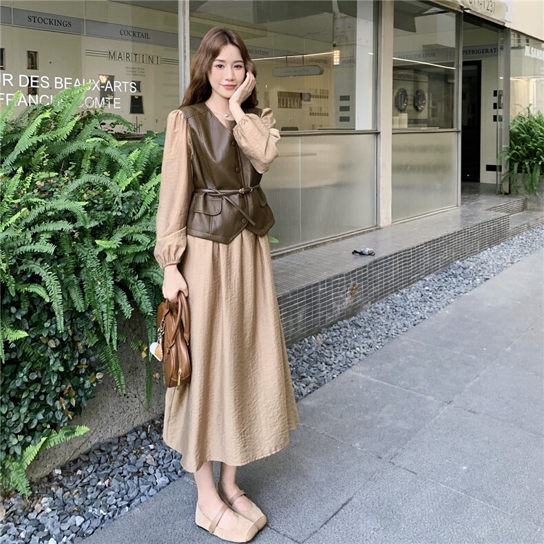 秋季连衣裙皮马甲时尚两件套女，女装套装/套裙，秋水欣儿