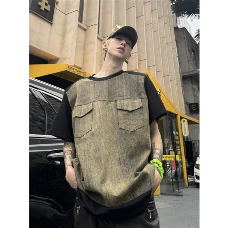 工装t恤扎染拼接牛仔慵懒风复古水洗做旧半袖设计感小众短袖夏季图片