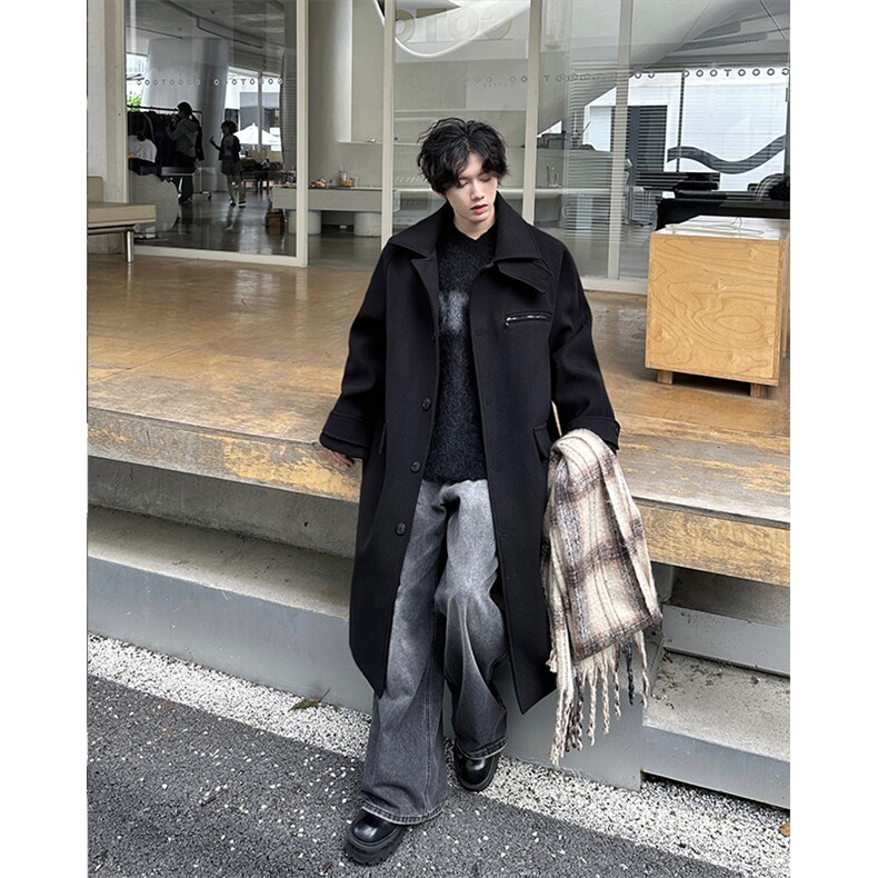 中长款过膝毛呢外套男秋冬款高级感知识分子风衣英伦雅痞教父大衣,男装毛呢大衣,电商A058-1（原电商C417）