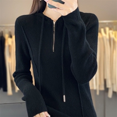 秋冬新款时尚百搭修身显瘦羊毛针织衫女长袖连帽外套，女装羊毛衫，绒迪羊绒