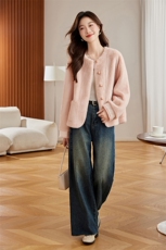 粉色小香风皮毛一体仿水貂绒外套女2024秋冬名媛气质环保皮草大衣，女装短外套，自然秀