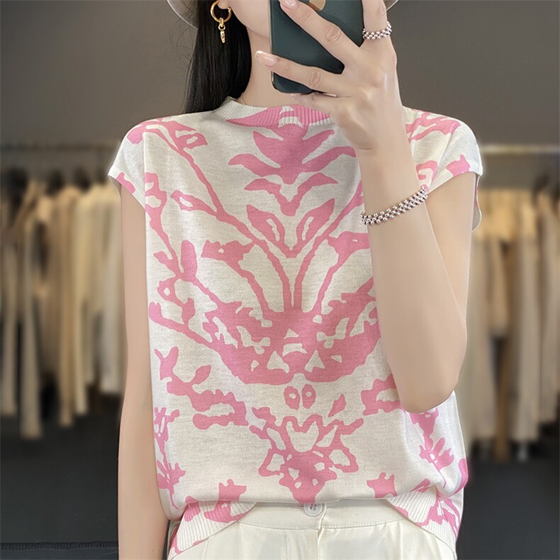 2025年夏季不连帽印花无袖时尚百搭短袖，女装T恤，森墨